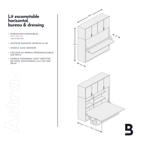Lit escamotable horizontal + bureau et rangement