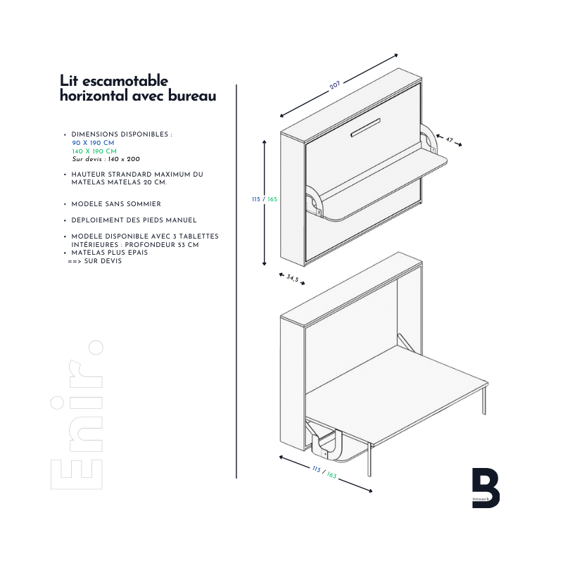 Lit escamotable horizontal avec bureau
