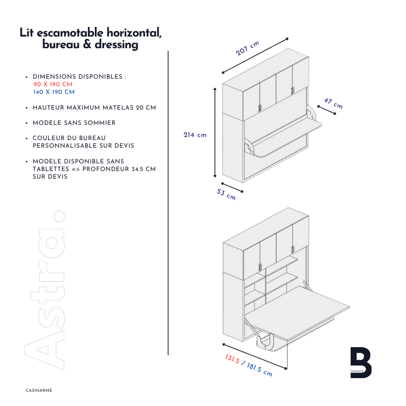 Lit escamotable horizontal + bureau et rangement