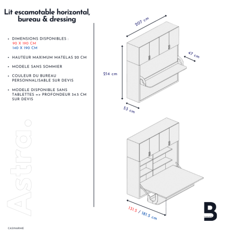 Lit escamotable horizontal + bureau et rangement
