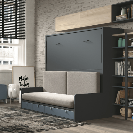 Lit escamotable autoportant horizontal avec canapé - 4 tiroirs