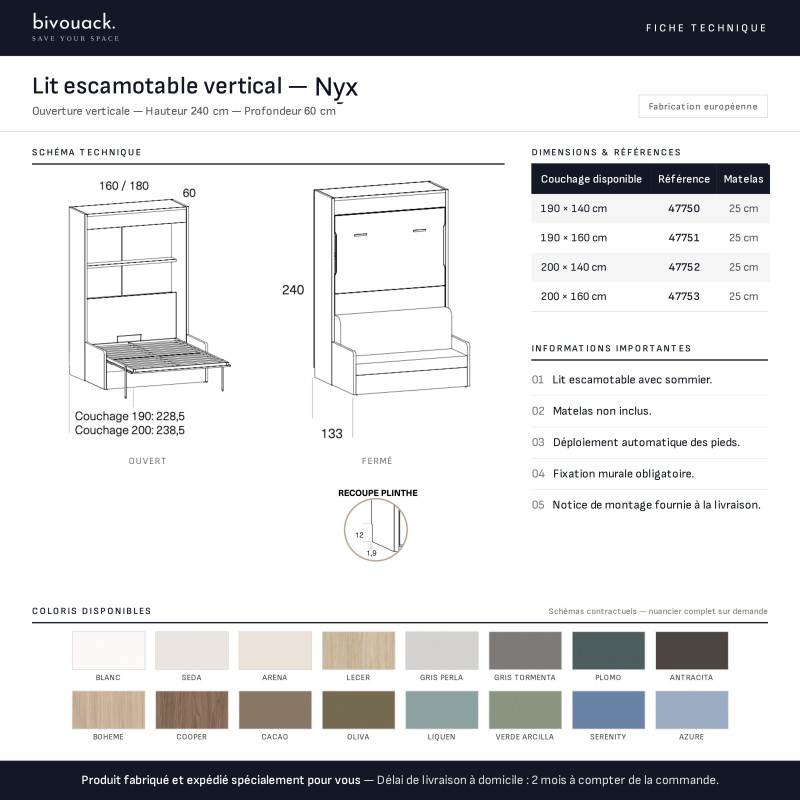 Lit escamotable vertical NYX avec canapé et rangement intégré